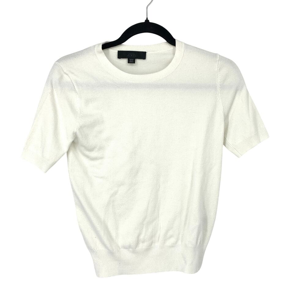 Zara Pullover Crew Neck Short Sleeve Sweater Top Womens Sz Small Cream White